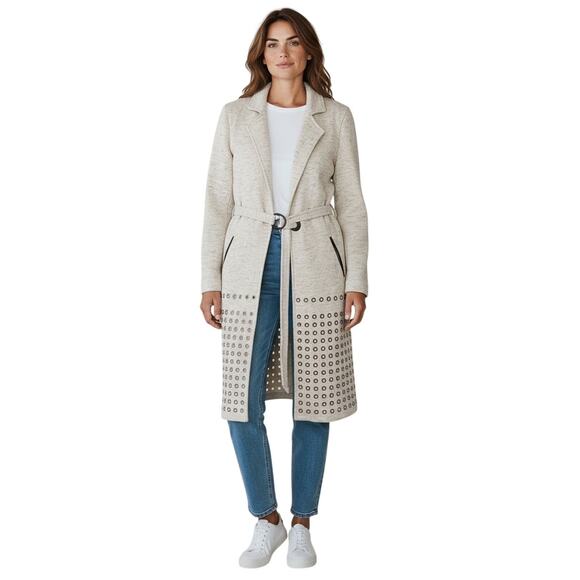 Nic + Zoe Knit Trench Coat Long Jacket Sz Medium Metal Circle Tie Neutral Beige - Picture 6 of 6